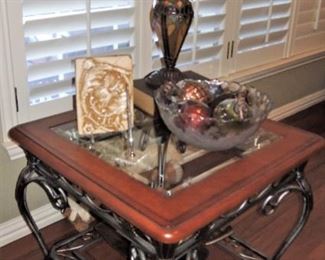Iron and wood furniture.  Parlor lamps
