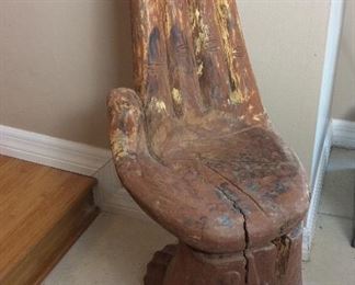Carved Wood Hand Seat, 30" H, 14" to Seat. 