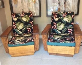 Hawaiian Hand Carved Koa Wood Chairs. 33" W x 34" H x 30 1/2" D.