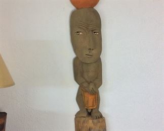 Wayne Coombs Carved Wood Tiki, Mai Tiki, 51" H x 9" W. 
