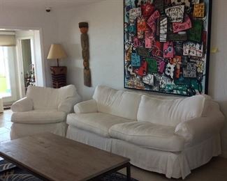 Living Room Furniture. White Upholstered Couch and Chair ,etc. 