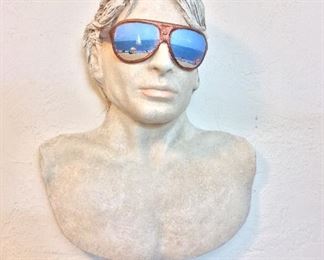 Original Fabric Mache Sculpture. Wall Art Man with Sunglasses, 17" H. By Fabrication Ruth Petersen Jellema and David Jellema.Wall.