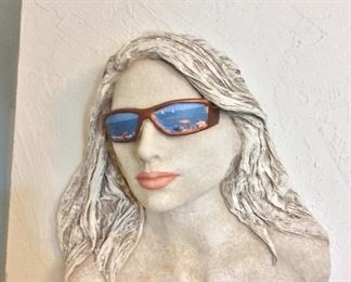 Original Fabric Mache Sculpture. Wall Art Woman with Sunglasses, 17" H. By Fabrication Ruth Petersen Jellema and David Jellema.