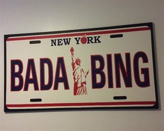 BADA BING by Steve Kaufman (1960-2010), oil on canvas silk screen, signed "SAK" and numbered 15/50 AP on the verso. New York License Plate Statue of Liberty BADA BING, 48" x 25 1/2". 