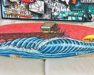 Mark Longnecker Painted Island Surfboard (6' 3") of Cocoa Beach Pier Scene Signed Longneck '09. Island Surfboards 100% Epoxy, EPS Custom 100% Epoxy Stu Sharpe Shape.
