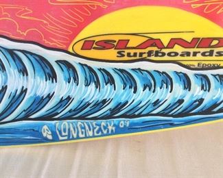 Mark Longnecker Painted Island Surfboard (6' 3") of Cocoa Beach Pier Scene Signed Longneck '09. Island Surfboards 100% Epoxy, EPS Custom 100% Epoxy Stu Sharpe Shape.