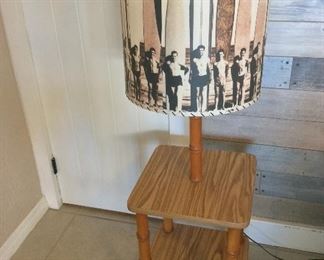 Bedside Table with Vintage Surf Scene Lamp Shade, 51" H.  