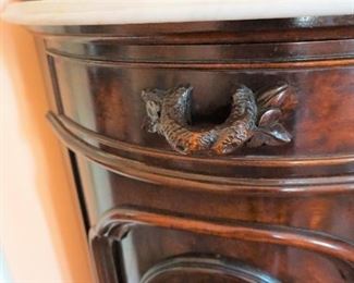 Marble Top Sideboard (Attributed to "Mitchell and Rammelsburg ") with mirrored top and Heavily Carved Fruits, Fish & Foliage.  In Pristine Condition Mahogany  Measures 97" tall, 72" wide and 26" deep 