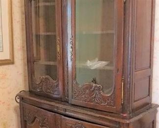 Massive Country French Oak China Cabinet with Heavy Carve Bouquet Crown Measures 96" tall, 56" wide and 21" deep