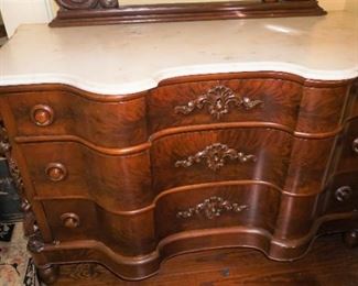 Mahogany Marble Top Dresser with Egg Carved Motif Mirror Frame.  Serpentine Front measures 100" tall, 50" wide and 26" deep