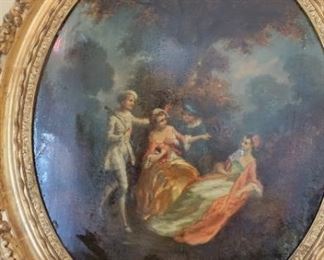 Large Oval Oil on Canvas Victorian Courting Scene Gilded Gesso Frame   Measures 40" tall 34" wide artist unknown