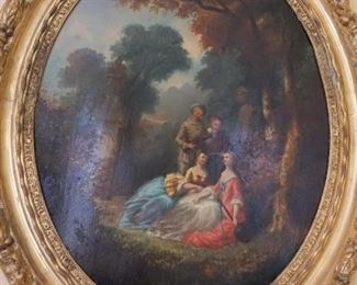 Large Oval Oil on Canvas Victorian Courting Scene Gilded Gesso Frame   Measures 40" tall 34" wide artist unknown