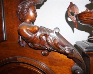 1840 Antique Walnut Victorian full Bed Angel Heavily Carved Paneled Curved Foot Board with Scroll Top With Angels Carved atop the headboard.