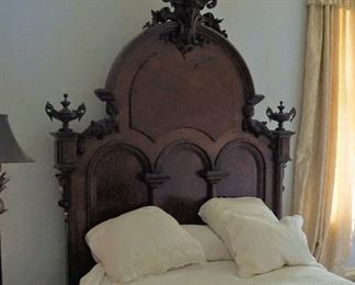 1840 Antique Walnut Victorian full Bed Angel Heavily Carved Paneled Curved Foot Board with Scroll Top With Angels Carved atop the headboard.