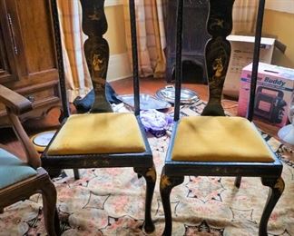Pair Stenciled & Hand Painted Lacquered Queen Anne Chairs