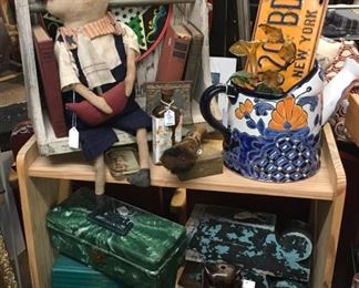 Vintage fishing boxes, ceramics, and cool doll 