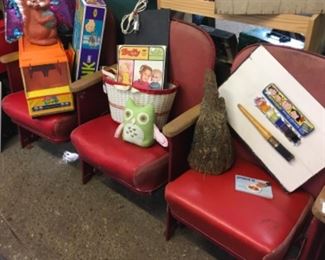Movie theater seats, old toys and art. 
