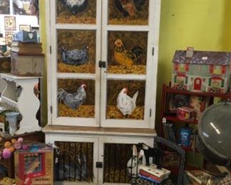Painted antique cabinet, vintage tin dollhouse 
