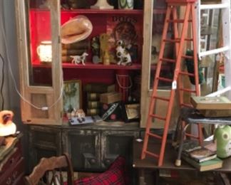 Gray and red cabinet. 