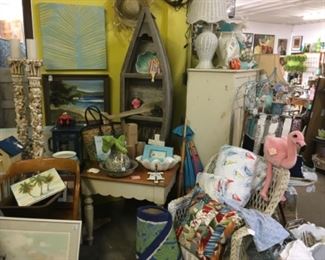 Wicker chair, pair of captains chairs, shell candlesticks, vintage cabinet. 