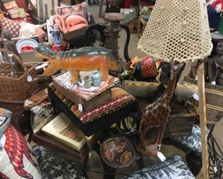 Vintage flamingos and lots of decorative items. 