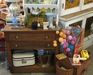 Oak chest, vintage wicker picnic basket, suitcase and old box purse. 