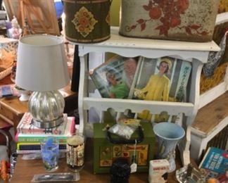 Vintage tins, Montgomery Wards 60s catalogs. 