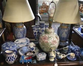 Blue and Chinese ware. LAMPS SOLD. 