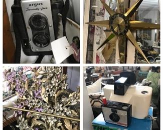 Vintage cameras, MCM wall hangings and Welby sunburst wind clock.  