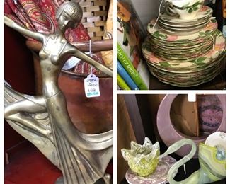 Franciscan desert rose china, MCM colored glass and brass figurine. 