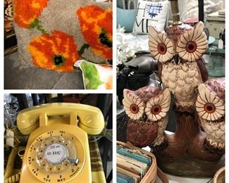 Old telephone, hooked rug pillow and 70s owl lamp.  
