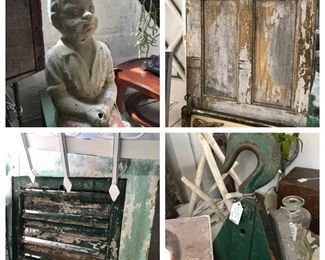 Old doors, shutters, concrete fishing boy, old bottles and wood objects. 