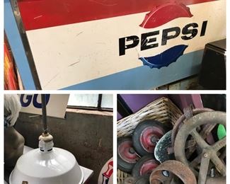 Pepsi cooler, old lamp and old wheels. 