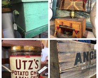 Tramp art lamp, vintage tins and old boxes.  