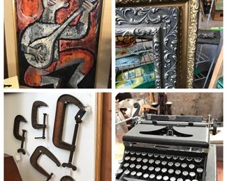 Old clamps and vintage typewriter.  Art and frames. 