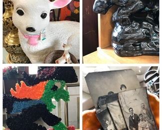 Blow mold lamb, Popcorn plastic witch, blow mold jack o lantern, tin types, old postcards, MCM panther TV light. 