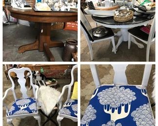 Black and white dining table, oak table and pair of white painted arm chairs 