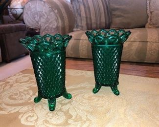 2 Imperial Glass, Green Laced Edge Vases