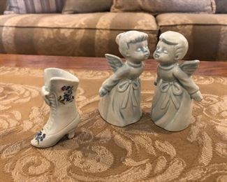 Kissing Angels and Vintage Miniature Victorian Porcelain Shoe/Boot