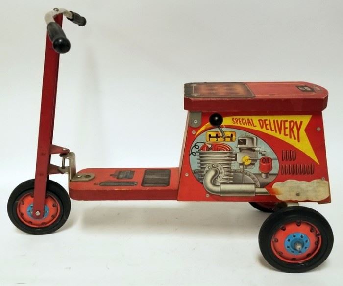 1001	ANTIQUE CHILDS TOY MOTORCYCLE SPECIAL DELIVERY RIDING TOY MADE BY THE GREG BELL MFG. CO. EAST HAMPTON CONN
