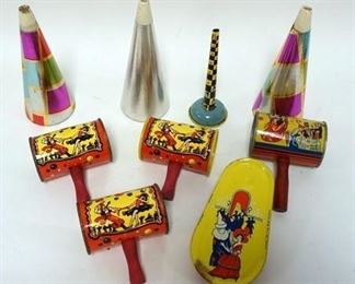 1018	VINTAGE TIN NOISE MAKERS, LOT OF 6 AND 3 CARDBOARD
