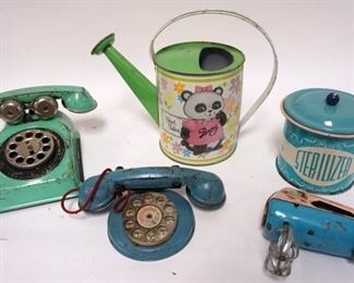 1033	CHILDS TIN TOY 5 PIECE LOT, TINE TELEPHONE, WATER CAN, JR MIXER, DOLLYS STERILIZER AND SHIRTALES
