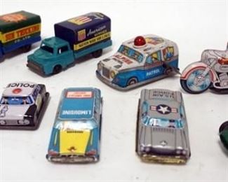 1053	ASSORTMENT OF 9 VINTAGE FRICTION CARS AND MOTORCYCLE
