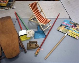1088 CHILDS IRONING BOARD WITH IRON, BROOM AND PAN, BUTTERFLY NET, CARNIVAL WALKING STICK
