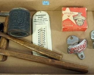 1108 LOT HAMMERS, THERMOMETER AND COCA COLA BOTTLE OPENERS
