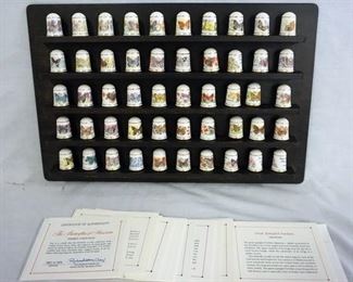 1126 SET OF 50 FRANKLIN MINT BUTTERFLY THIMBLES, WITH WALL HANGING HOLDER AND PAPERS
