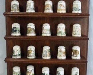 1127 SET OF 25 FRANKLIN MINT BABY ANIMAL THIMBLES. PLUS 4 MOTHER AND BABY THIMBLES, WALL HANGING HOLDER AND PAPERS
