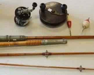 1129 FISHING LOT WITH POLE PARTS, HANDLE, 2 BOBBERS AND 2 REELS
