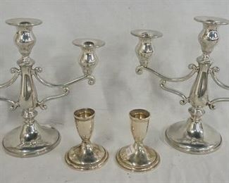 1141 2 PEWTER CANDELOBRA AND 2 STERLING WEIGHTED CANDLE STICKS
