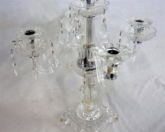 1149 CRYSTAL 3 LIGHT CANDELABRUM WITH PRISIMS, ONE BOBACHE MISSING
